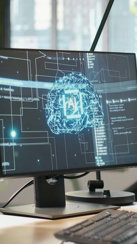 Vertical video Empty startup office with artificial intelligence program running Stock Footage 312708398