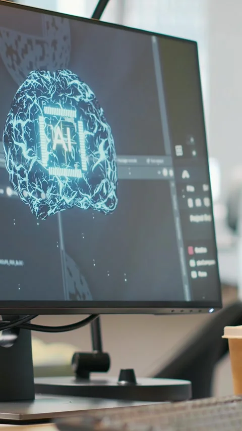 Vertical video Empty startup office with neural networks program running on PC Stock Footage 312708843