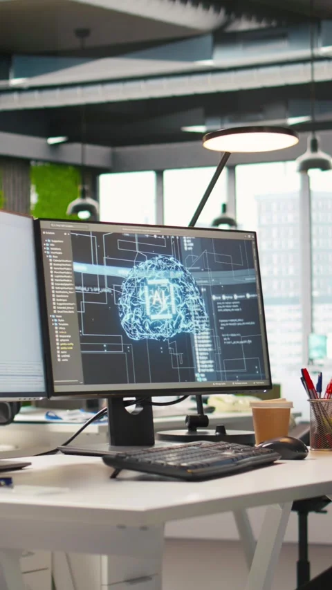 Vertical video Empty startup office with artificial intelligence program running Stock Footage 312768407
