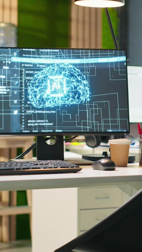 Vertical video Empty startup office with AI neural networks program running on Stock Footage 312768596