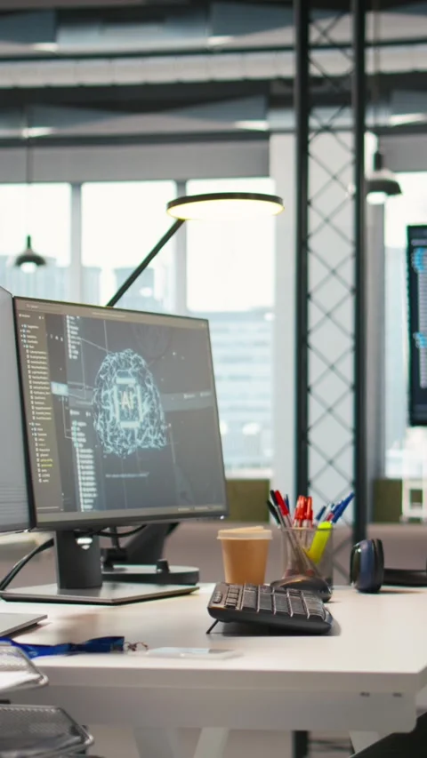 Vertical video Empty startup office with neural networks program running on PC Stock Footage 312769439