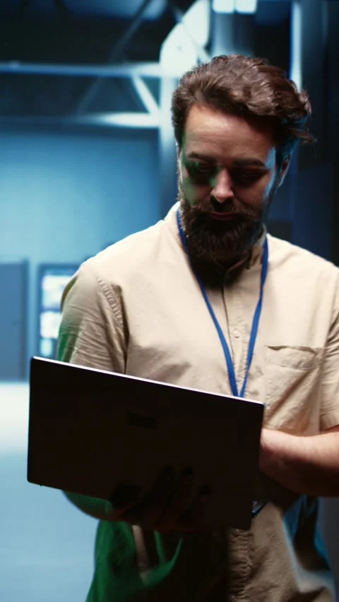 Vertical video Engineer in cryptocurrency server farm Stock Footage 245918426