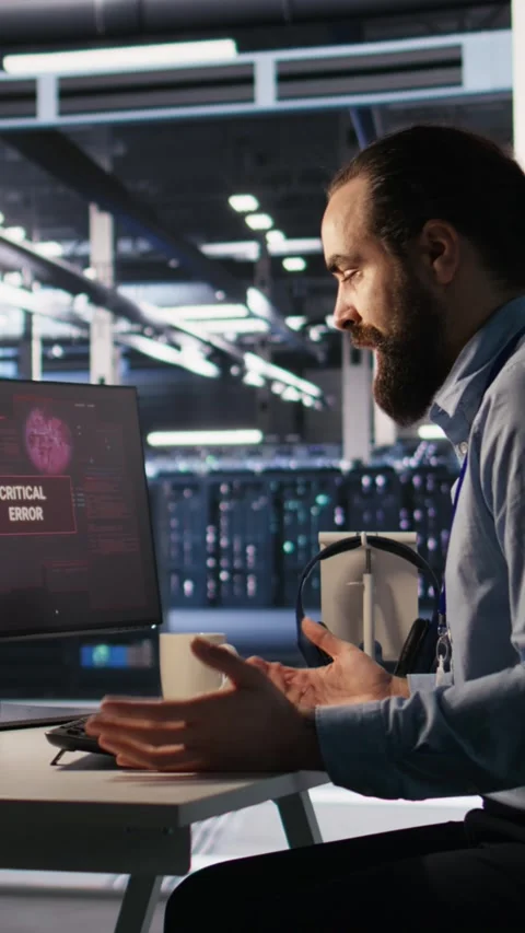Vertical video Engineer in data center frustrated by critical error popup on Stock Footage 309256278