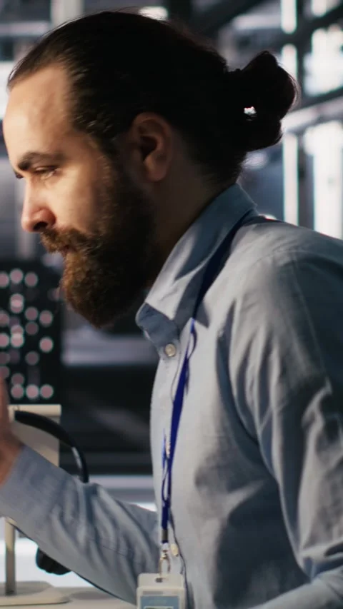 Vertical video Engineer in data center frustrated by critical error popup on Stock Footage 309486638