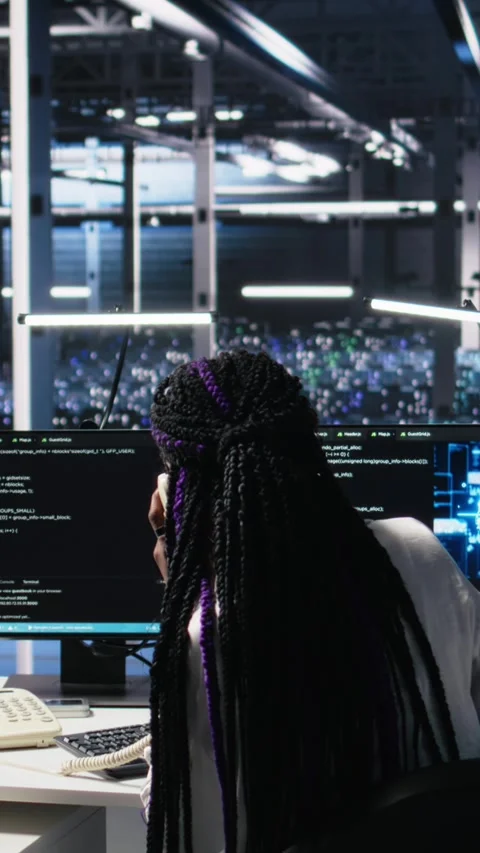 Vertical video Engineer in data center answers telephone call, assisting users Stock Footage 313507004