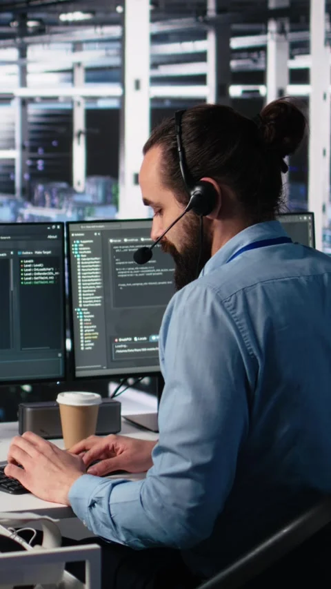 Vertical video Engineer in data center wearing headset assisting users with AI Stock Footage 313507691