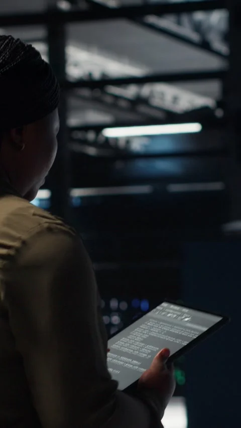 Vertical video Engineer in data center using tablet to deploy secure server Stock Footage 317054915