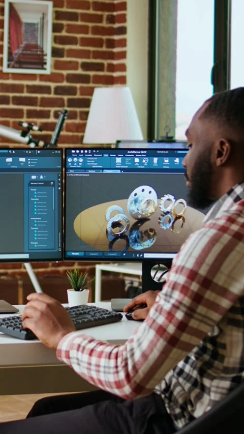 Vertical Video Engineer designs a turbine in an industrial office using CAD Stock Footage 319472338