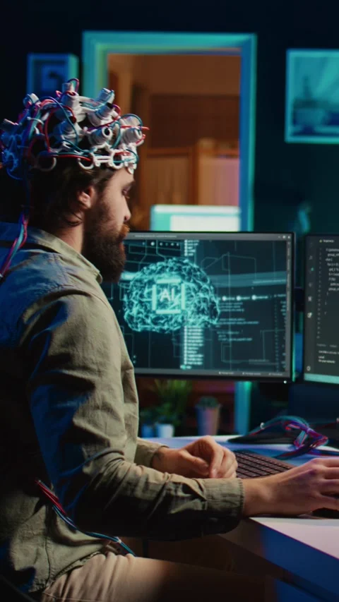 Vertical video Engineer with EEG headset on merging with artificial intelligence Stock Footage 266747315