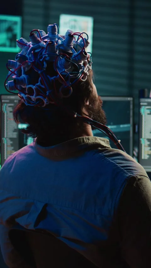 Vertical video Engineer with EEG headset on merging with artificial intelligence Stock Footage 266748136