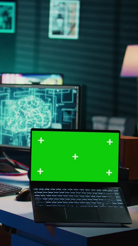 Vertical video Engineer with EEG headset on merging with AI, green screen laptop Stock Footage 266748290