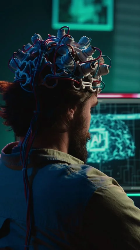 Vertical video Engineer with EEG headset on merging with artificial intelligence Stock Footage 266749912