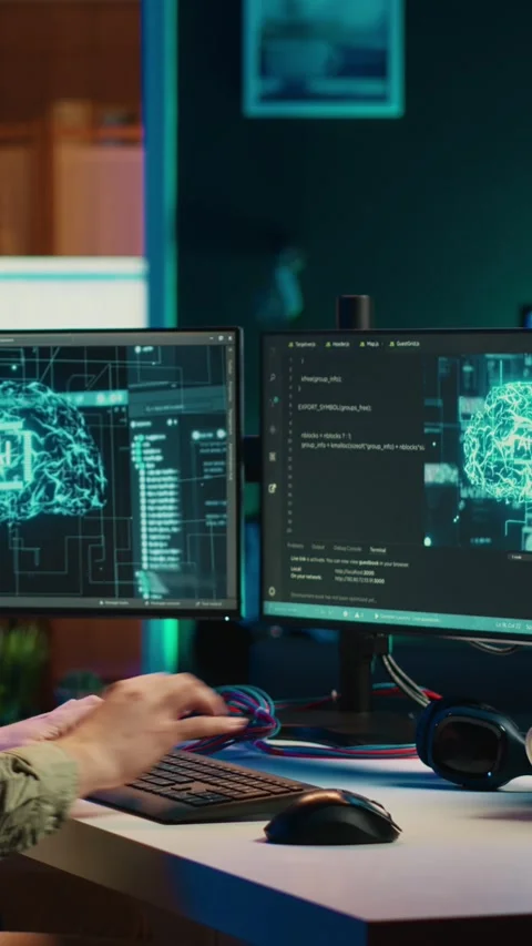 Vertical video Engineer with EEG headset on merging with artificial intelligence Stock Footage 267163294