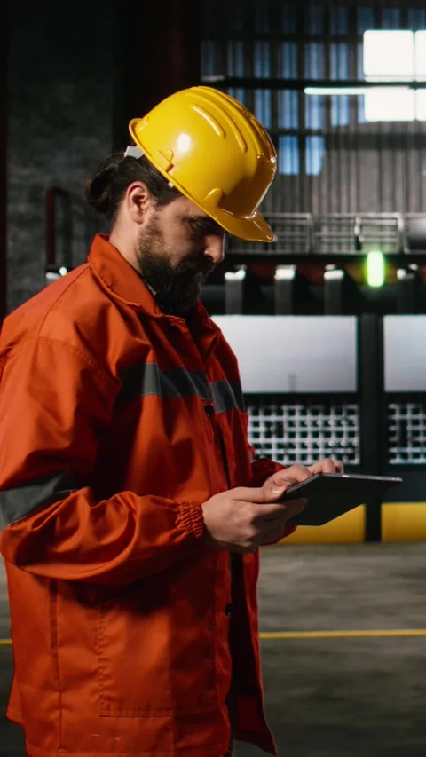 Vertical Video Engineer with helmet, checking production process, heavy industry Stock Footage 330138331