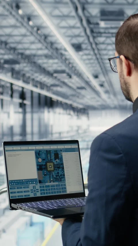 Vertical video Engineer man reviewing semiconductors smart factory schematics Stock Footage 333614109