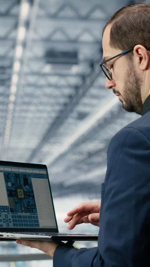 Vertical video Engineer man reviewing semiconductors smart factory schematics Stock Footage 333614403