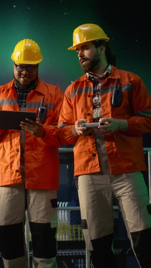 Vertical video Engineer on offshore rig under aurora borealis uses drone to Stock Footage 339887363
