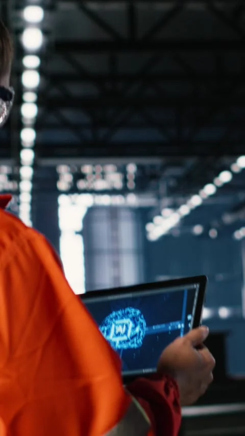 Vertical Video Engineer operates artificial intelligence tools on tablet in Video stock 321844423