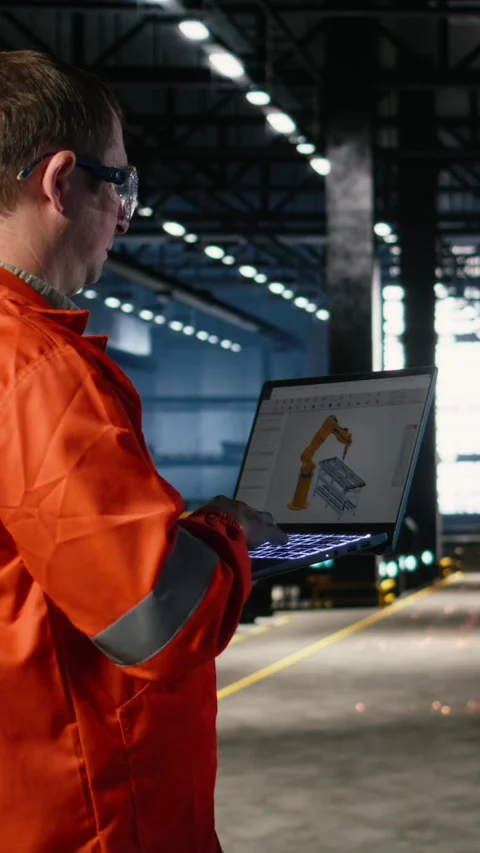 Vertical Video Engineer operates automation software on a laptop to control Stock Footage 321844850