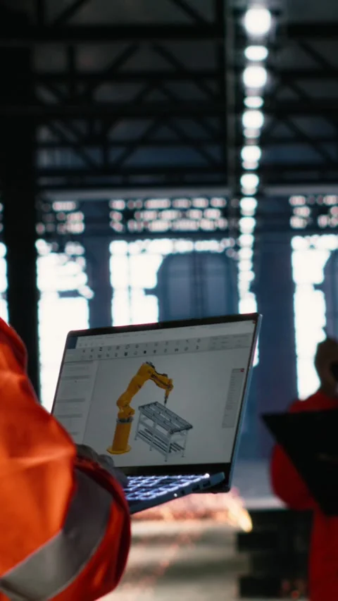 Vertical Video Engineer operates automation software on a laptop to control Stock Footage 321844928