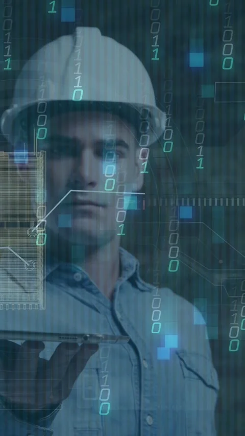 Vertical video: Engineer palm-up as wireframe appearing above palm, UI data Stock Footage 332735301