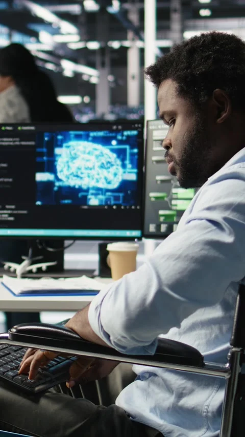 Vertical video Engineer with paraplegia in data center annoyed by slow AI node Video stock 308757235