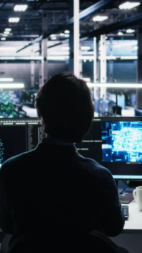 Vertical video Engineer in server room using AI to review infrastructure Stock Footage 313455939