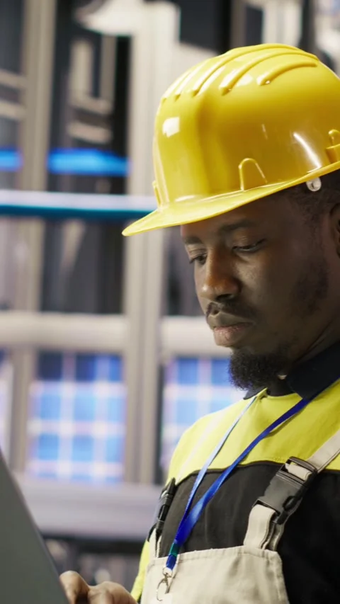 Vertical video Engineer in smart factory does maintenance using laptop software Stock Footage 307068702