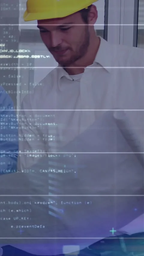 Vertical video: Engineer studying plan, hearing cue, HUD overlay showing site Stock Footage 331822338
