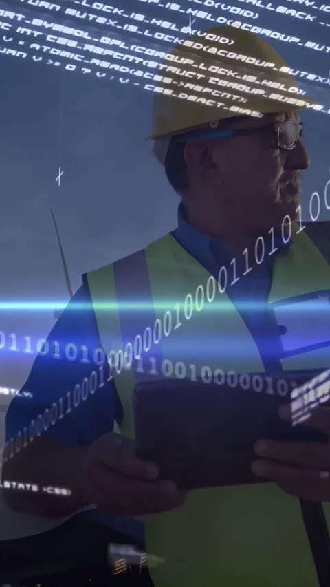 Vertical video: Engineer tapping tablet and starting AR code overlay while Stock Footage 332507053
