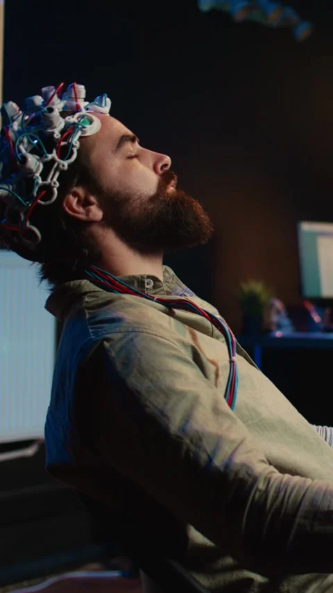 Vertical video Engineer uploading brain into cyberspace, entering trance Stock Footage 266748224