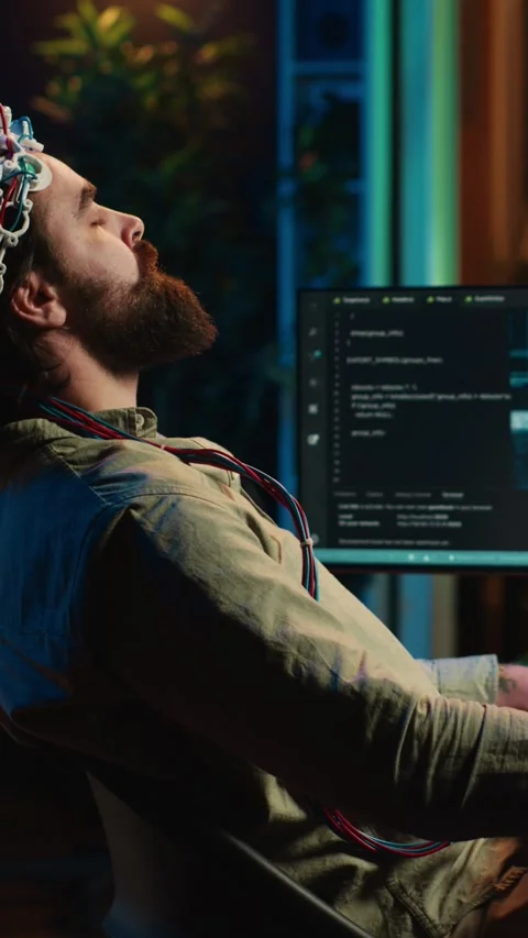 Vertical video Engineer uploading brain into cyberspace, entering trance Stock Footage 266748739