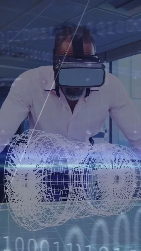 Vertical video: Engineer using VR, leaning at desk scanning rotating 3D model Stock Footage 332317407