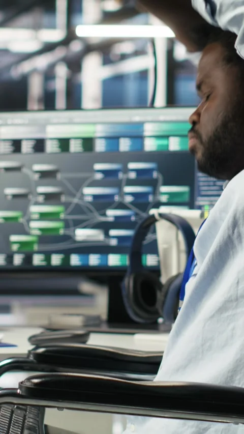 Vertical video Engineer using wheelchair in data center using AI node tree Stock Footage 308756762