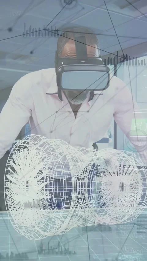 Vertical video: Engineer in VR HMD peering down, activating rotating 3D turbine, Stock Footage 334605075