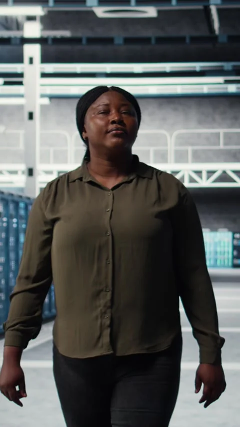 Vertical video Engineer walking in data center, checking hardware for system Stock Footage 317055998