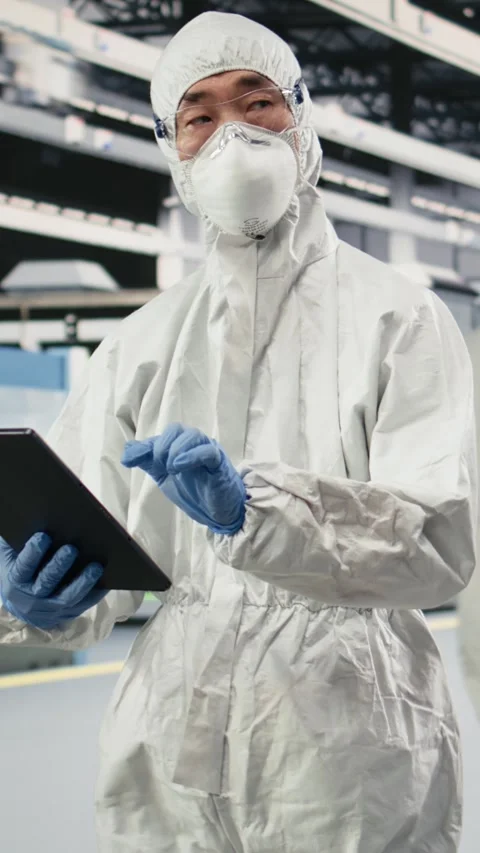 Vertical video Engineer walking in semiconductor production plant floor, using Stock Footage 333615109