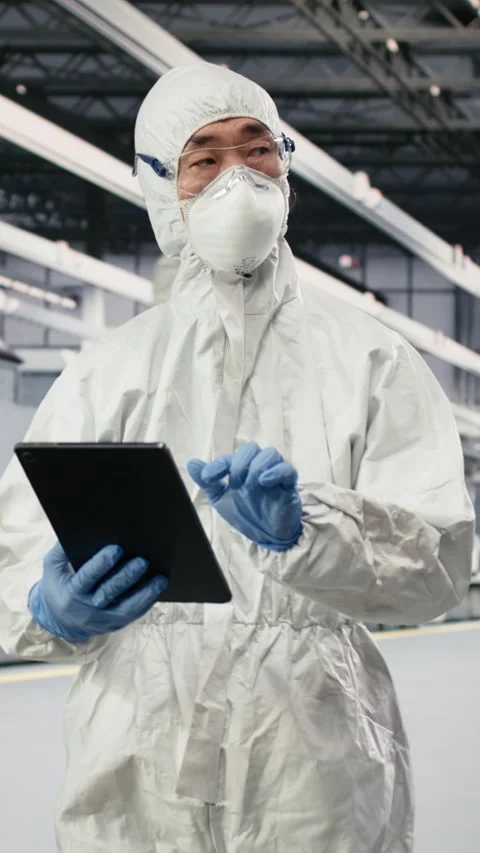 Vertical video Engineer walking in semiconductor production plant floor, using Stock Footage 333615414