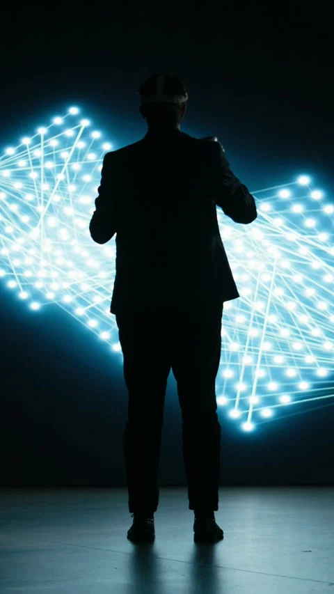 Vertical video Engineer wearing VR headset gear to look at glowing AI neural Stock Footage 329650052