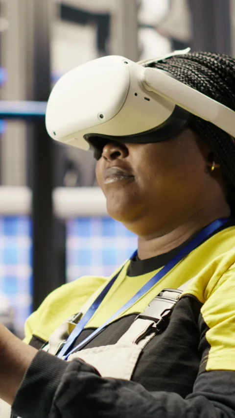 Vertical video Engineer working in industry 4.0 plant using virtual reality Stock Footage 307069485