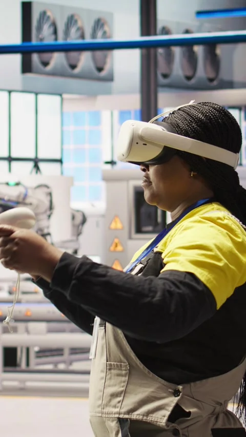 Vertical video Engineer working in industry 4.0 plant using virtual reality Stock Footage 307145507