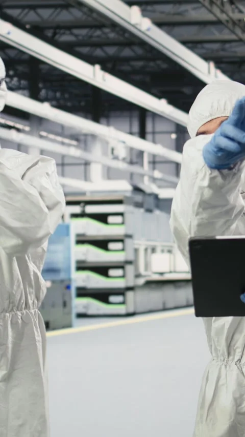 Vertical video Engineering team brainstorming in microchip factory cleanroom Stock Footage 333615135