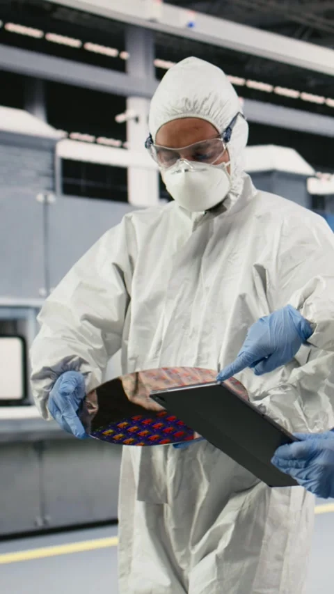 Vertical video Engineering team brainstorming in microchip factory cleanroom Stock Footage 333615493