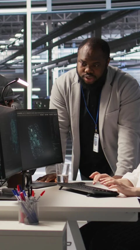 Vertical video Engineering team in data center using AI automation Video stock 309488137