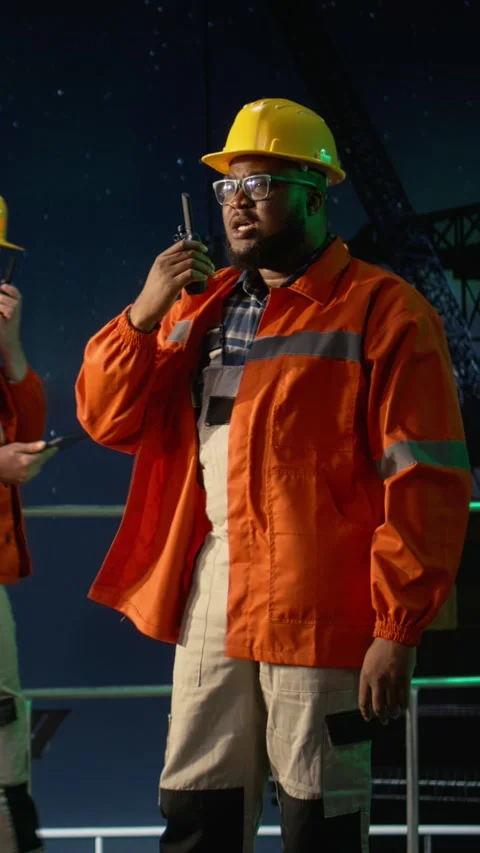 Vertical video Engineering team on drilling barge doing radio coordination Stock Footage 339887233