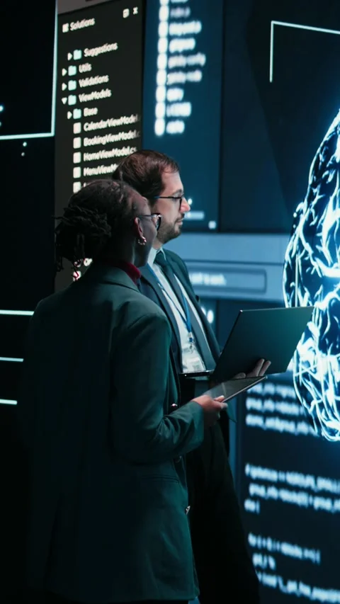 Vertical video Engineering team looks at AI machine learning self writing code Stock Footage 329590937