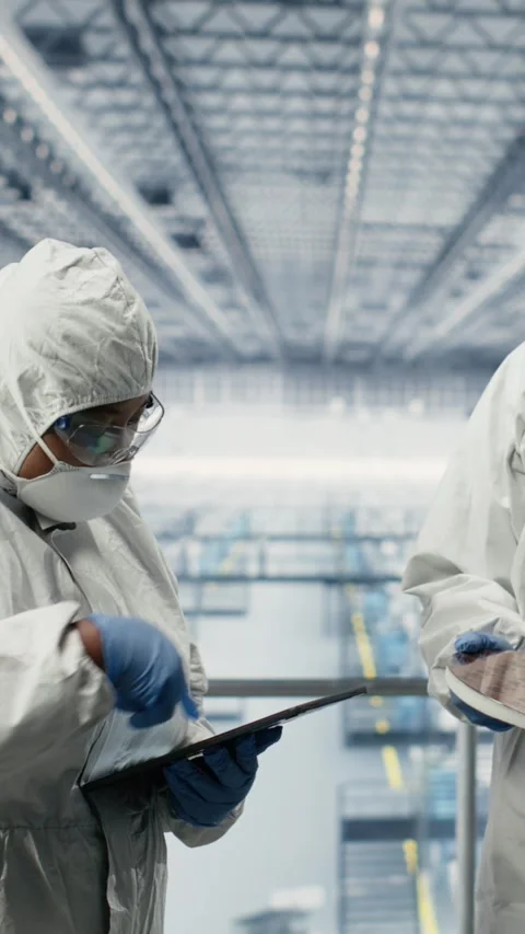 Vertical video Engineering team in microchip research facility review Stock Footage 333613913