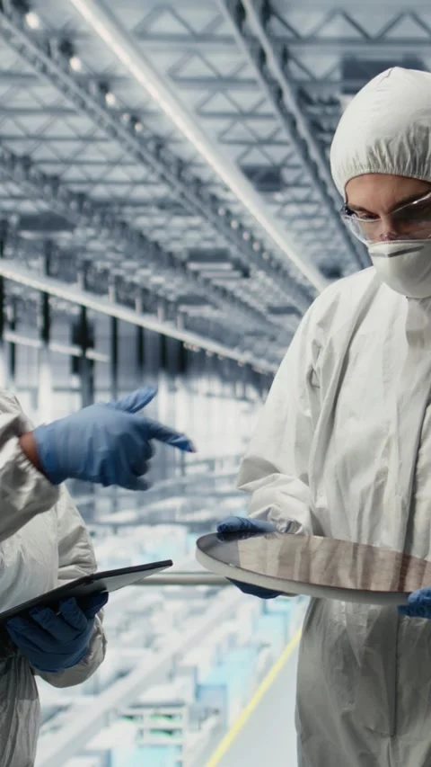 Vertical video Engineering team in microchip research facility review Stock Footage 333614262