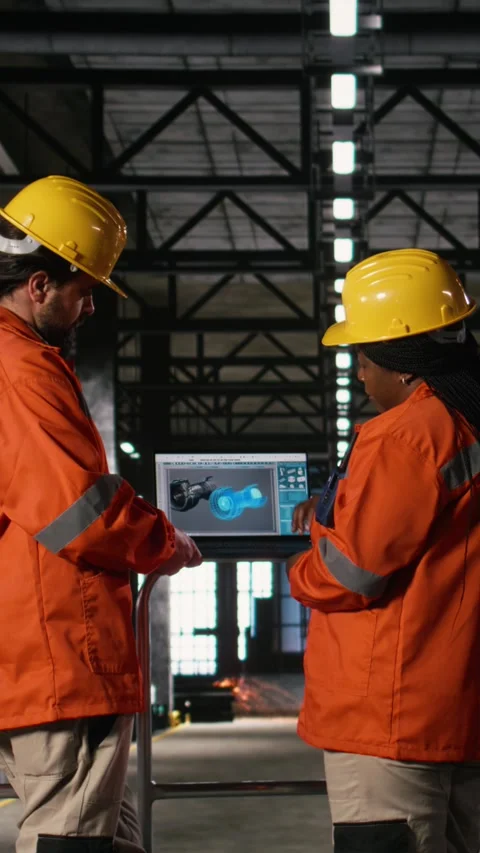Vertical Video Engineering team review gas turbine software on laptop in large Stock Footage 330028409
