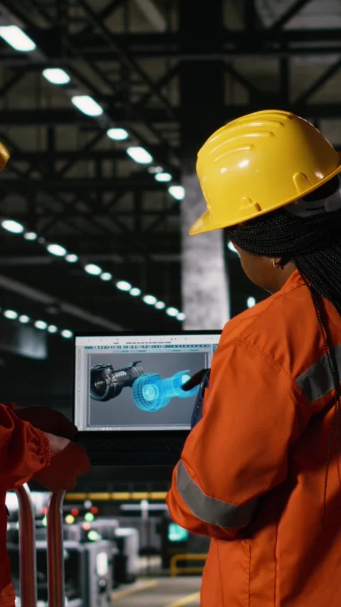 Vertical Video Engineering team review gas turbine software on laptop in large Stock Footage 330376094
